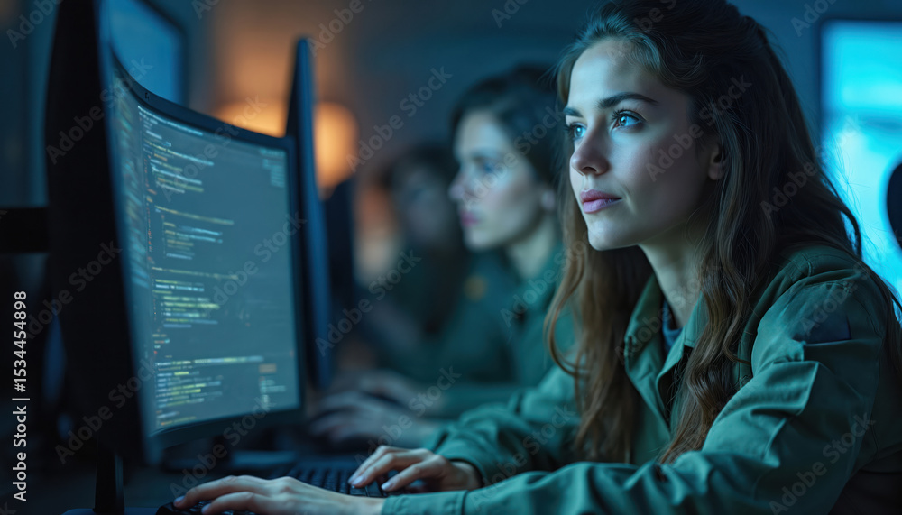 Poster woman in military uniform works on computer. focused female pro using tech in office. cyberspace sec