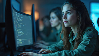Woman in military uniform works on computer. Focused female pro using tech in office. Cyberspace security specialist coding, digital data analysis and access in network. Security and privacy in army.