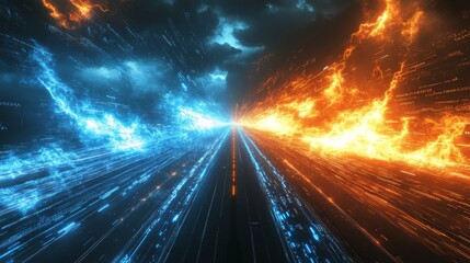 Digital Pathway Highlighting Contrasting Energies With Blue Lightning and Orange Flames Merging in a Futuristic Landscape
