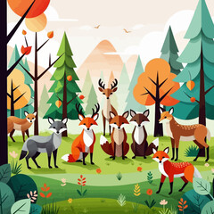 Naklejka premium Cartoon Forest Scene with Foxes and Deer Illustration- Whimsical Wildlife Art for Children- Nature Inspired Design for Kids- Animals in the Woods Artwork