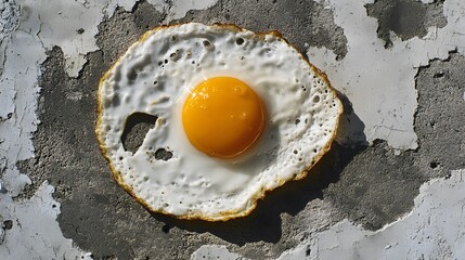 Dramatic overhead perspective capturing a fried egg cooking on a blistering concrete pavement that blends culinary art with the raw intensity of a vibrant summer urban landscape