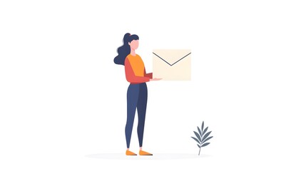 Elegant Emblematic Flat Vector Illustration Depicting a Creative Woman Holding a Bold Letter as a Modern Symbol of Swift Digital Communication