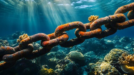 Underwater Oasis: Rusty Chain Embraced by Thriving Coral in a Vibrantly Detailed Tropical Reef Environment