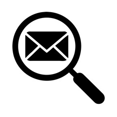 Email Search Icon – Magnifying Glass with Envelope Symbol, Black and White Message Scan Vector, Communication Lookup Clipart, Mail Analysis Graphic, Inbox Find Silhouette Illustration