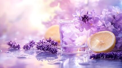 Intricate Digital Artwork of Purple Flowers and a Sparkling Glass of Juice Merging Spa Serenity and Aromatherapy Wellness in a Refreshing Summer Lavender Lemonade Scene