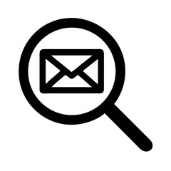 Email Search Icon – Magnifying Glass with Envelope Symbol, Black and White Message Scan Vector, Communication Lookup Clipart, Mail Analysis Graphic, Inbox Find Silhouette Illustration