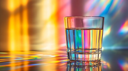 Intricately Detailed Glass of Water Capturing Sunlight to Create a Vivid, Multi-Hued Rainbow on a Reflective Surface, Evoking a Calm and Vibrant Ambiance