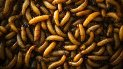 Detailed Aerial Image Focusing on a Wealth of Mealworms Lying on a Textured Backdrop of Natural Hues with Intricate Movements and Organic Details
