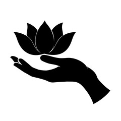 Lotus Flower in Hand Silhouette Icon – Spiritual Healing Symbol, Yoga Meditation Graphic, Sacred Bloom Vector, Zen Wellness Art, Mindfulness Emblem, Black and White Spiritual Clipart

