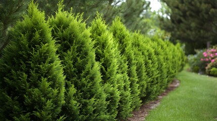 Artistic vision of a vibrant Leyland cypress hedge with expertly pruned, dense evergreen needles arranged in a symmetrical and modern garden setting