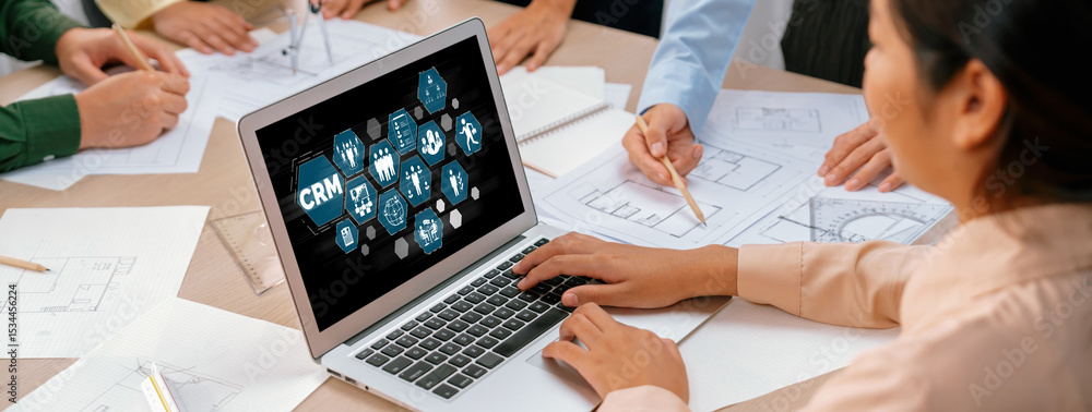 Poster customer relationship management system on brisk computer for crm business and enterprise