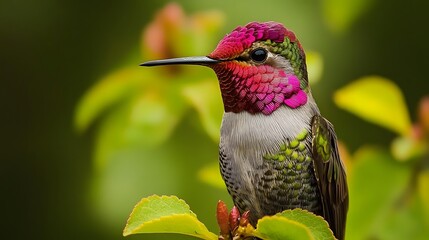 Surreal and intimate close-up capture of a male Anna's hummingbird blending with lush verdant surroundings