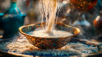 Vibrant and dynamic illustration of Es Dawet featuring handcrafted rice flour strands mingling with dreamy coconut milk and shimmering sugar syrup