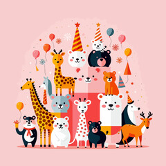 Cute Animals Party- Giraffes Bears Deers in Birthday Hats- Whimsical Celebration- Pink Background- Kids Illustration- Animal Friends Having Fun
