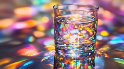Clear Glass of Water on a Reflective Platform Displaying Sunlight Refracted into a Cascade of Rainbow-Colored Beams, Creating a Brilliant and Tranquil Visual Masterpiece