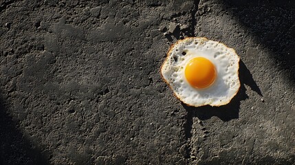 Artistic top-down depiction of a sizzling egg on a searing concrete path that fuses street food imagery with the overwhelming heat and intensity of an urban summer day