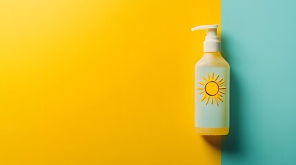 High-Quality Overhead Product Photography of a Sunscreen Bottle on a Vivid Yellow and Aqua Background Featuring a Striking Sun Motif for Advertising Design