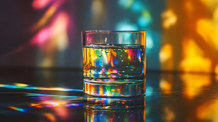 Elegant Glass Filled with Water on a Polished Surface Refracting Natural Light into a Mesmerizing Spectrum of Rainbow Colors with a Delicate Dance of Vivid Radiance