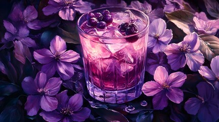 Mystical Painting of Purple Blossoms and a Chilled Glass of Juice Evoking Luxurious Spa Experiences and Aromatic Nature Healing in a Radiant Summer Embrace
