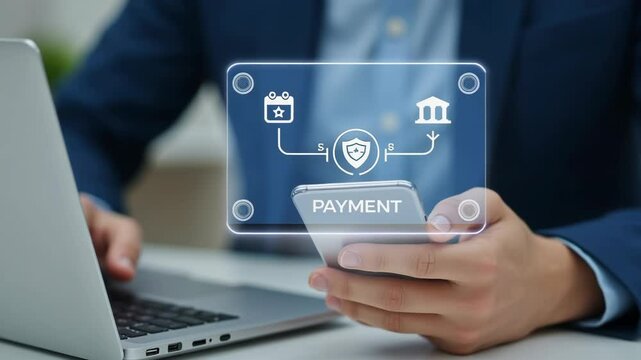 businessman pressing virtual button payment on secure