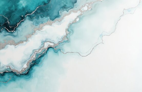 Abstract art painting with marble ink effect, featuring flowing teal, silver, white colors. Fluid luxury design for backgrounds, invitation cards. Textured watercolor style, perfect for modern