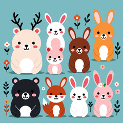 Naklejka premium Cute Cartoon Animals Illustration-Colorful Bear-Rabbit and Fox-Adorable Kawaii Characters for Children's Designs-Perfect for Nursery Decor-Wall Art-And More projects