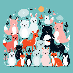 Obraz premium Cute Cartoon Animals Illustration-Whimsical Wildlife Art-Adorable Deer Bears Rabbits Foxes Penguins in a Playful Design-Colorful Animal Graphic-Childrens Room Decor