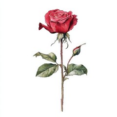 Fototapeta premium Realistic illustration of a single red rose with green leaves, isolated on a white background. Detailed floral design, perfect for romantic or botanical themes.