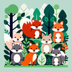 Obraz premium Cute Cartoon Foxes in a Forest Illustration-Adorable Fox Family Art-Whimsical Animal Design for Kids-Playful Forest Creatures for Nursery Decor-Colorful Fox Illustration for Children