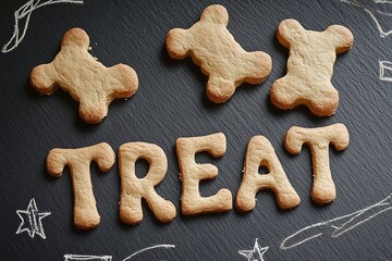 Delicious Homemade Dog Bone Cookies Spell Treat on Dark Background