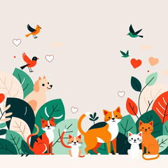 Fototapeta premium Cute Cats and Dogs Cartoon Illustration-Playful Animal Art with Birds and Hearts-Ideal for Kids Room Decor-Whimsical Pet Graphics for Nursery Art Prints