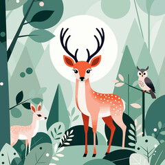 Cute Deer Family and Owl in Forest Illustration - Whimsical Woodland Art for Kids - Nature Scene with Animals and Geometric Trees