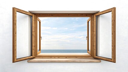 Open wooden window with sea view and blue sky, summer breeze and coastal horizon from inside minimalist white room
