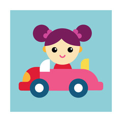 Cute Girl with Pigtails Driving a Toy Convertible Car