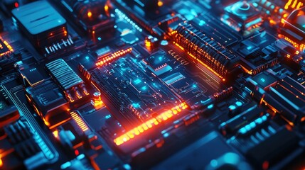 Fototapeta premium Futuristic Close-Up of Circuit Board with Blue and Orange Lighting in Technology Environment