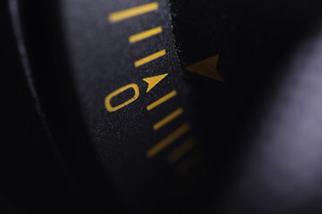 Measurement scale, yellow marks, number zero, macro photography 