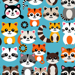 Fototapeta premium Cute Raccoon Cartoon Pattern on Blue Background-Whimsical Animal Faces for Kids-Playful Illustration for Fabric-Wallpaper-and Children's Decor-Animal Pattern Design