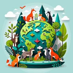 Fototapeta premium Earth Day Foxes Illustration-Cartoon foxes around a paper earth globe-Promoting environmental awareness with cute animal art-Nature conservation for kids