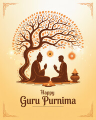 Happy Guru Purnima abstract vector artwork featuring silhouettes of a guru and shishya in a sacred posture under a Bodhi tree, glowing auras, and traditional Indian decorative borders.