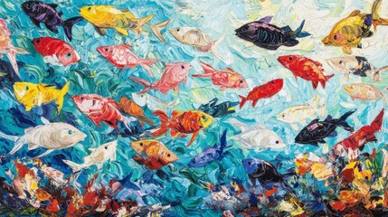 Obraz premium Vibrant oil painting of colorful fish schooling in turquoise water.