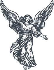 Fototapeta premium Elegant Angel with Wings in Flowing Robe Vintage Style Illustration