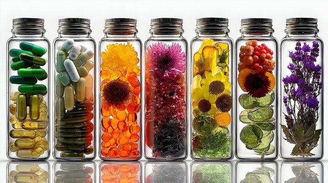 Colorful apothecary jars display pills, flowers, and botanicals in a vibrant spectrum.