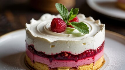 Dessert in the form of puff pastry mousse. The top layer is whipped cream garnished with fresh raspberries and a sprig of mint. Underneath it is a red layer of raspberry jam and a sponge cake.