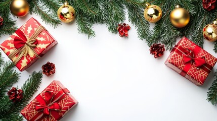 Festive Holiday Decorations Featuring Wrapped Gifts, Shiny Ornaments, and Evergreen Branches Displayed on a White Background During the Christmas Season