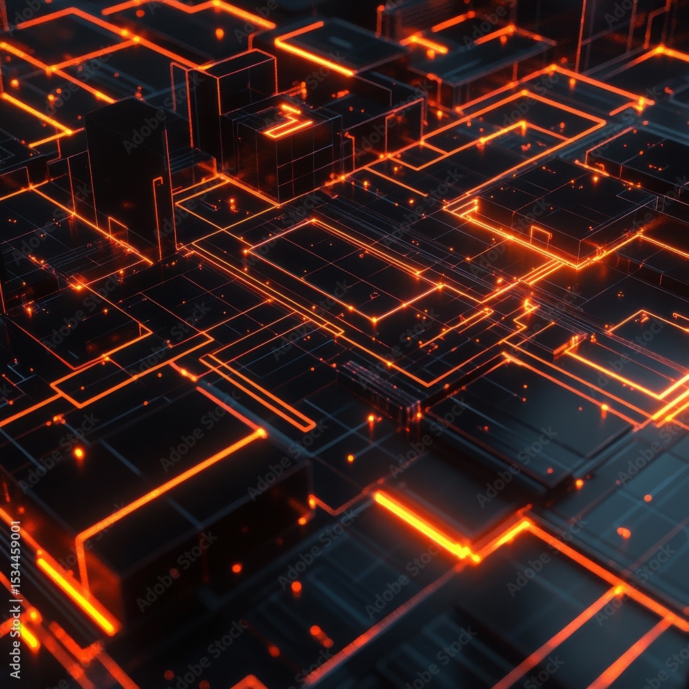 Poster abstract technology background with glowing orange lines and cubes for digital design