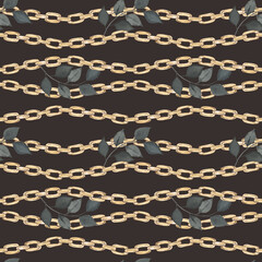 Watercolor seamless pattern with gold chains and leaves. Gold jewelry chains and black leaves. Pattern with jewelry and botany. Design of packaging, background, wrapping paper. Fashion and style.