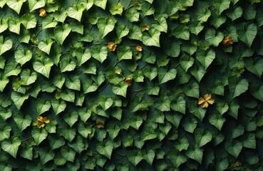 Fototapeta premium Green heart-shaped leaves climbing a wall. Dense foliage, natural background of a tropical plant with some flowers. Nature background, eco-friendly design, fresh green, wall decoration concept.
