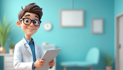 Smiling cartoon doctor in glasses holds tablet computer. Healthcare pro in medical coat consults patient, offers advice at clinic, hospital. Modern healthcare, medicine illustration.
