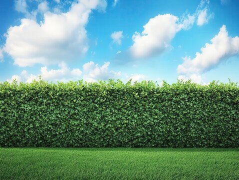 Lush green hedge wall with manicured grass lawn in front, blue sky and white clouds in the background, outdoor nature scene.