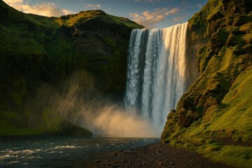 A majestic waterfall cascades powerfully over a rocky cliff, surrounded by lush green hills under a dramatic sky, capturing the raw beauty of nature.